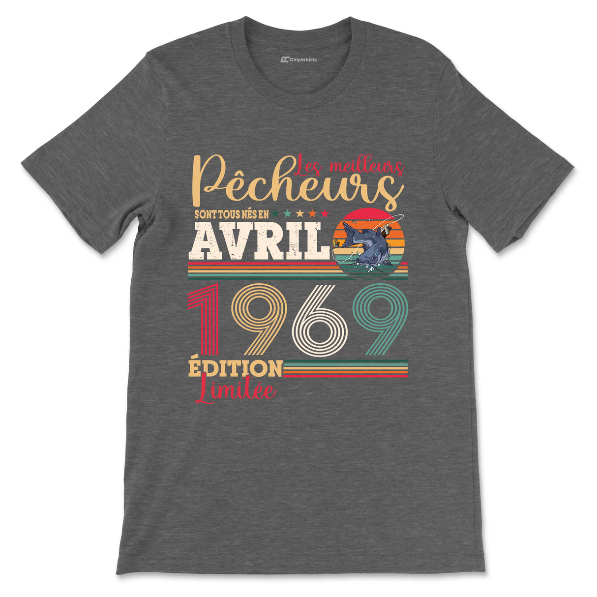 T-shirt pêcheur gris vintage avec silure et inscription édition limitée