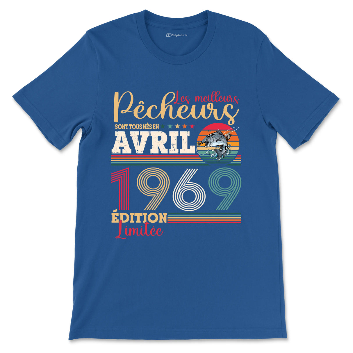 T-shirt pêcheur kaki vintage avec saumon et slogan pêcheurs date naissance