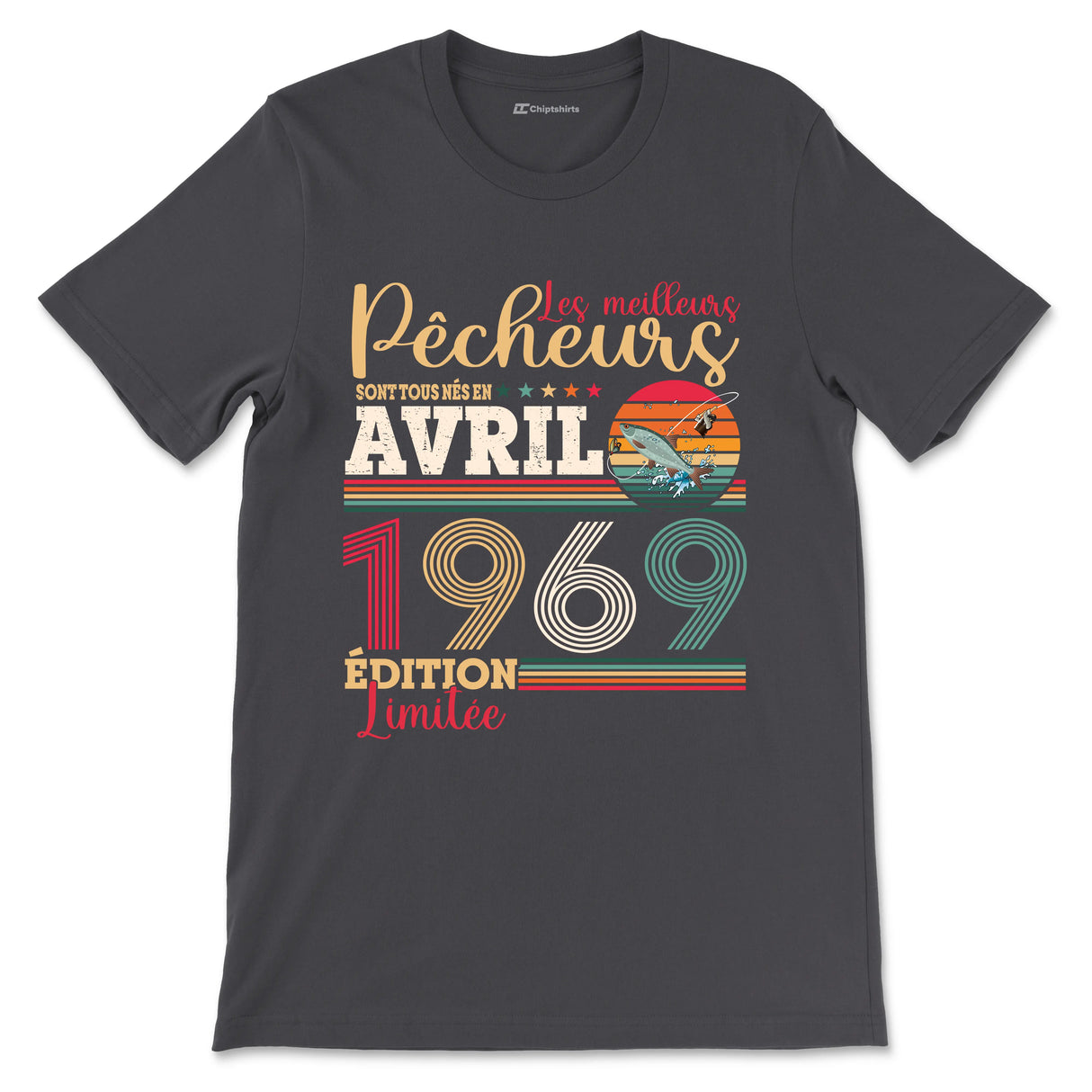 T-shirt pêcheur bleu marine vintage avec gardon et slogan meilleurs pêcheurs nés en avril 1969