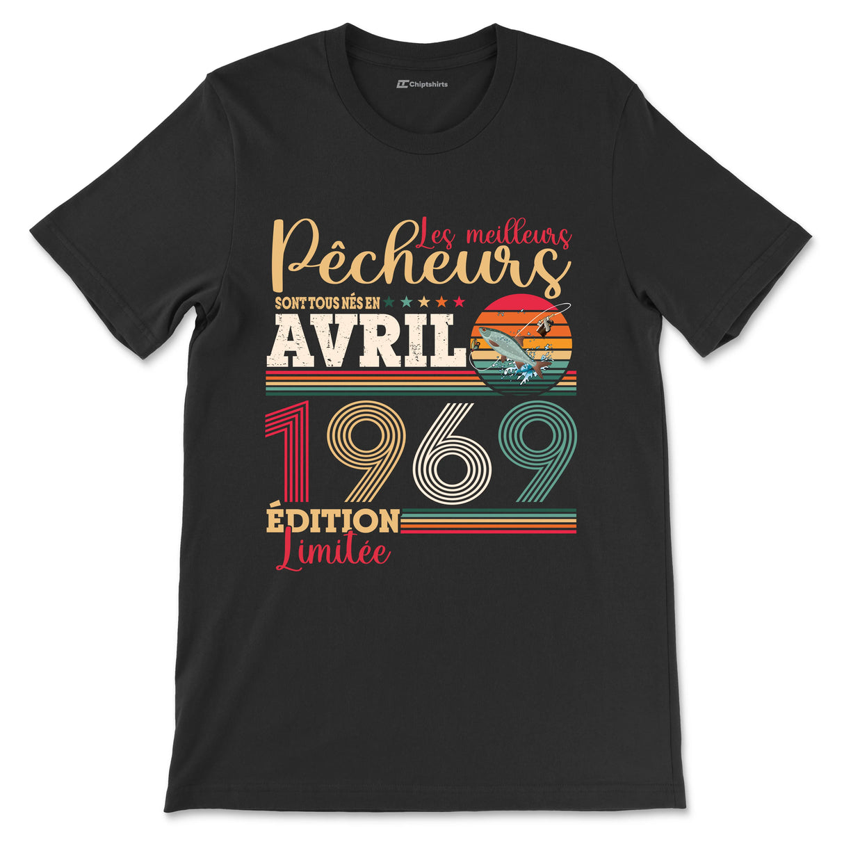 T-shirt pêcheur kaki vintage avec gardon et slogan pêcheurs date naissance