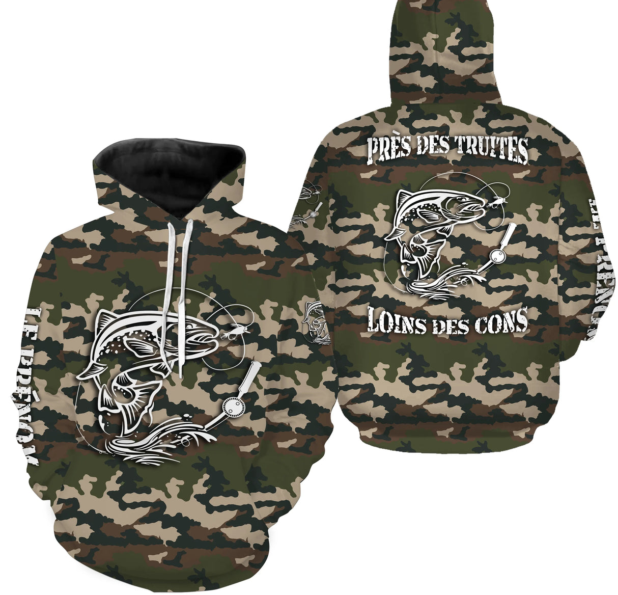Sweat zippé pêche truite all-over camouflage motif truite noire encrée prénom personnalisé moucheur écologique torrent