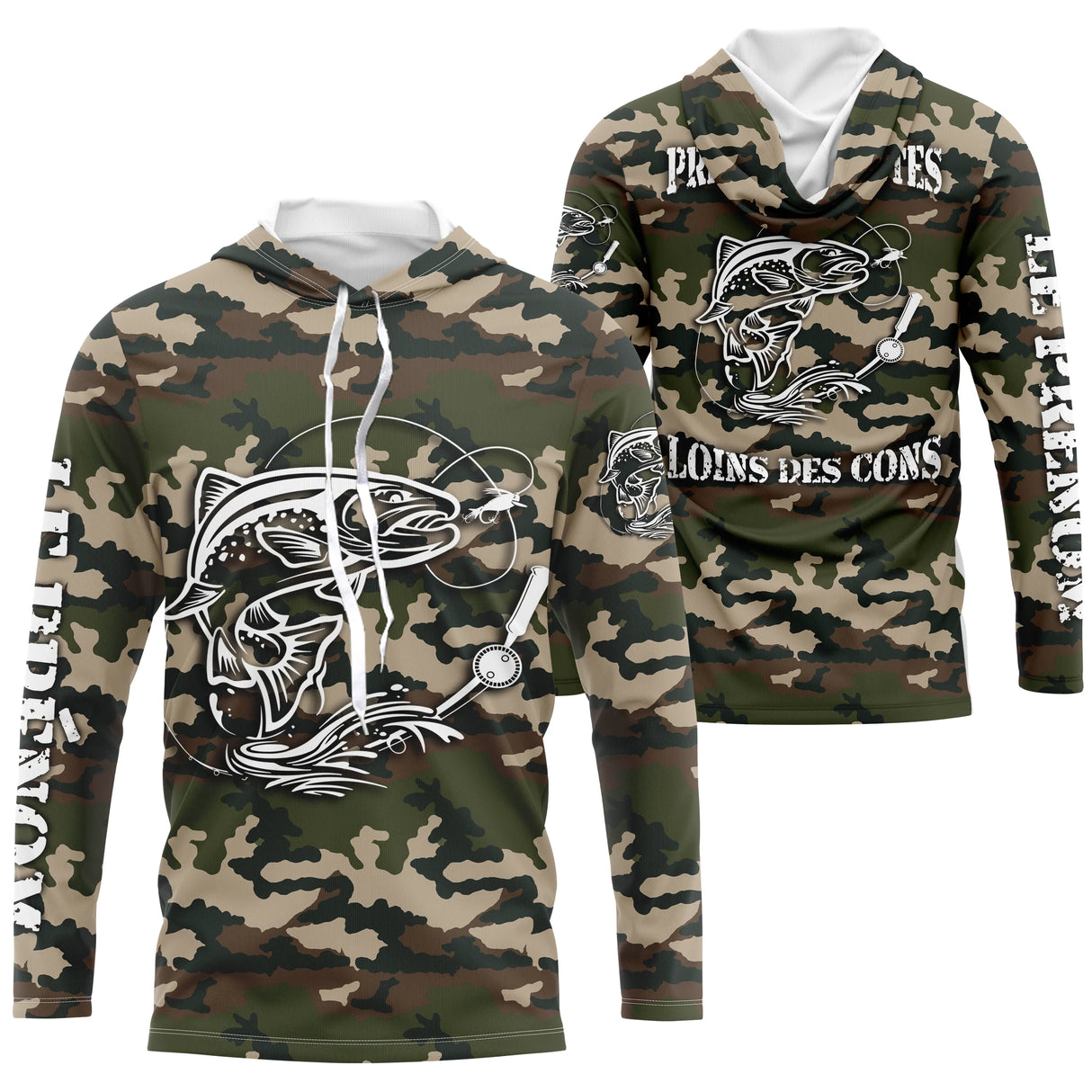 T-shirt camouflage pêche truite all-over forêt vert brun motif truite noire encrée prénom personnalisé moucheur écologique