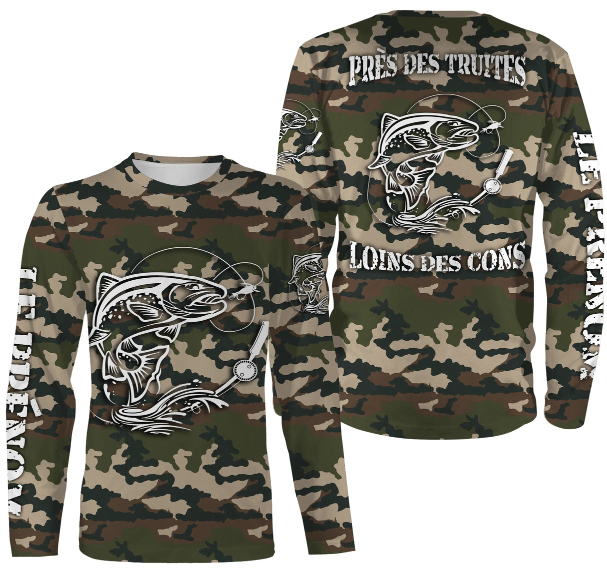 Hoodie pêche truite all-over camouflage forêt motif truite noire encrée pêcheur prénom personnalisé écologique