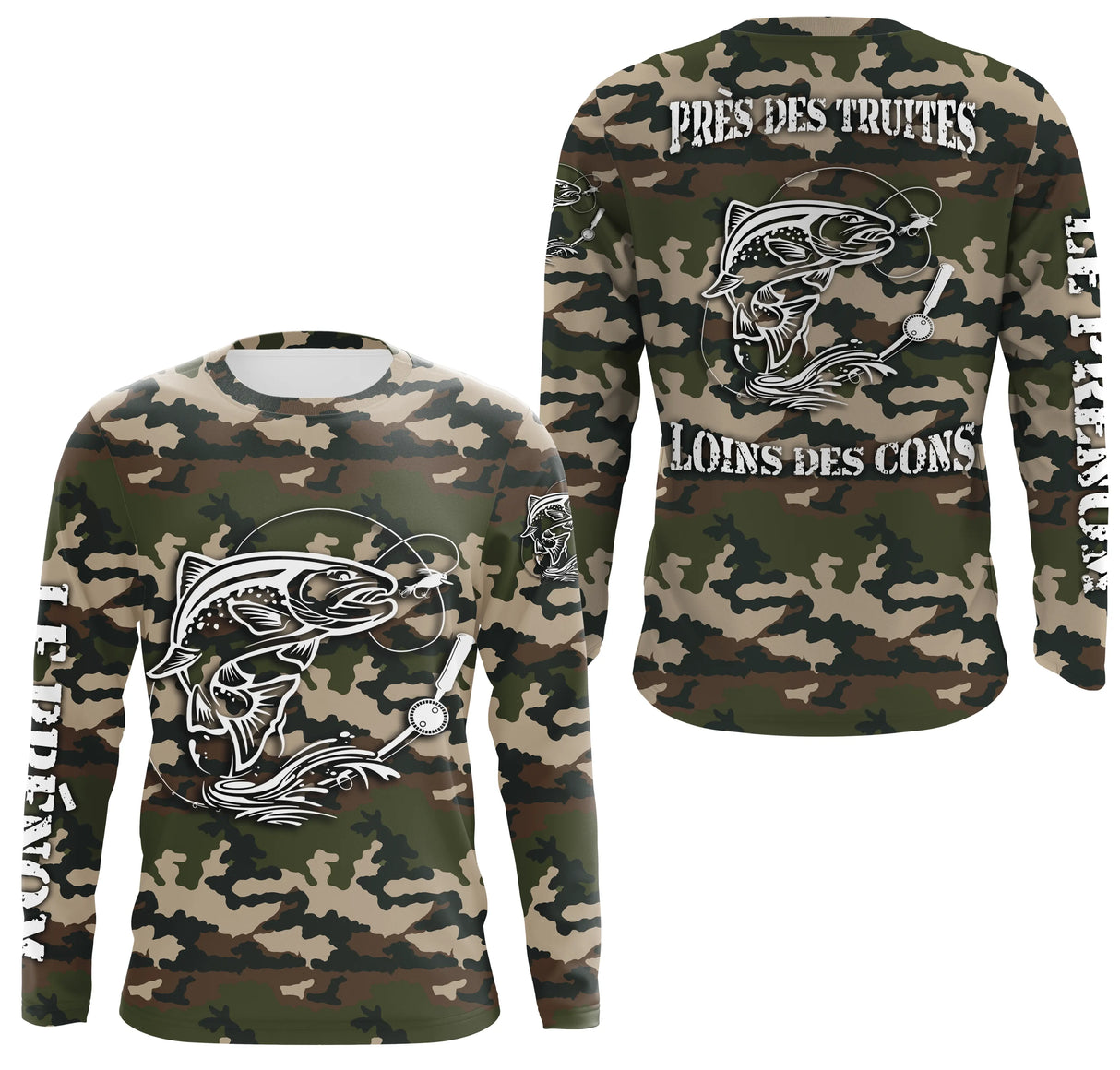T-shirt manches longues pêche truite all-over camouflage forêt motif truite noire encrée prénom personnalisé écologique