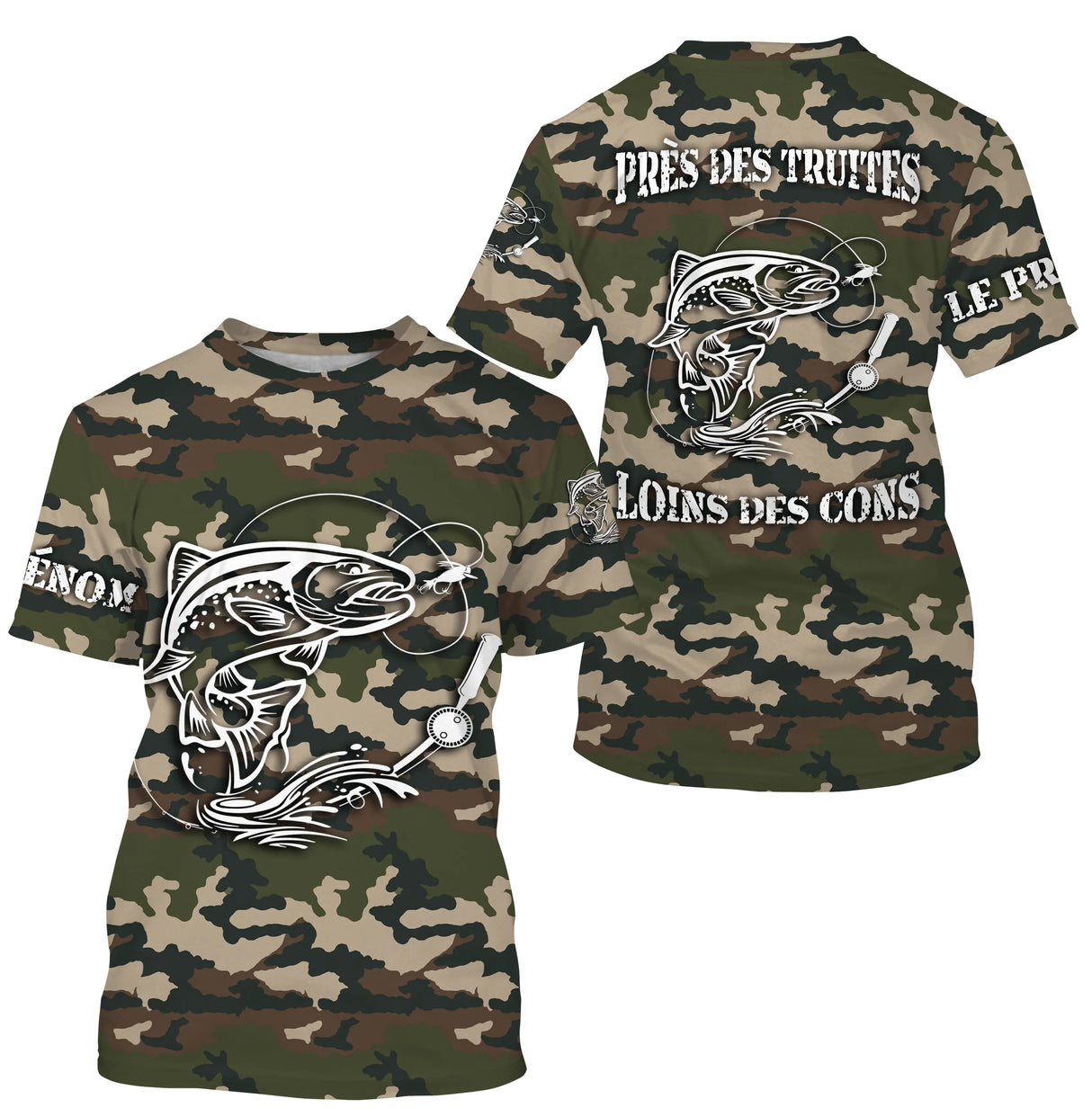 Sweat capuche pêche truite all-over camouflage forêt motif truite noire encrée prénom personnalisé moucheur écologique