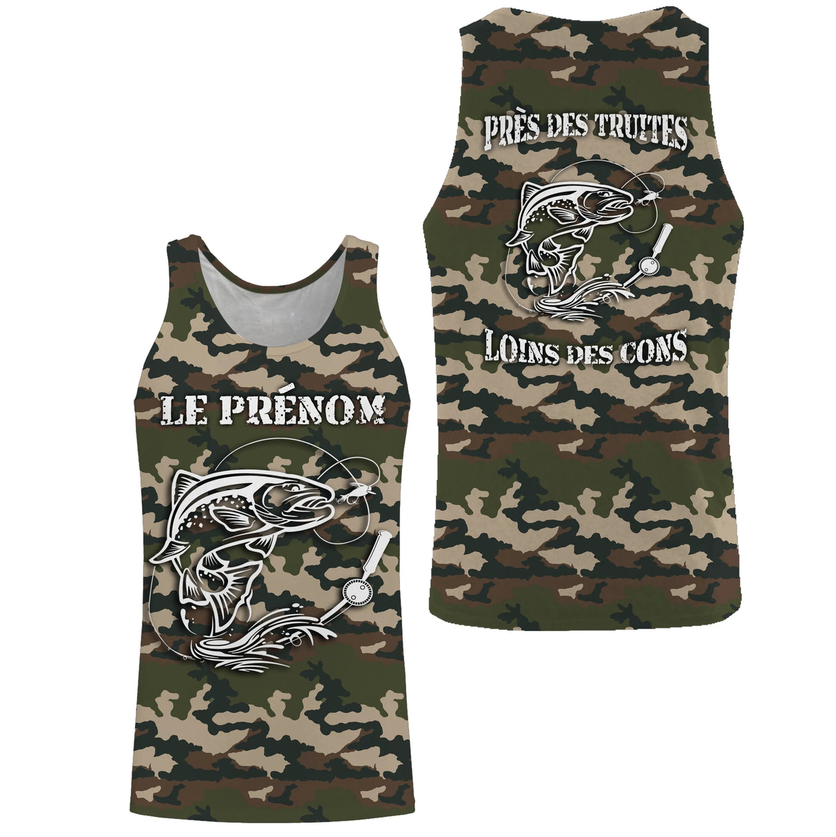 T-shirt camouflage pêche truite forêt motif truite noire encrée écologique pêcheur prénom personnalisé moucheur durable