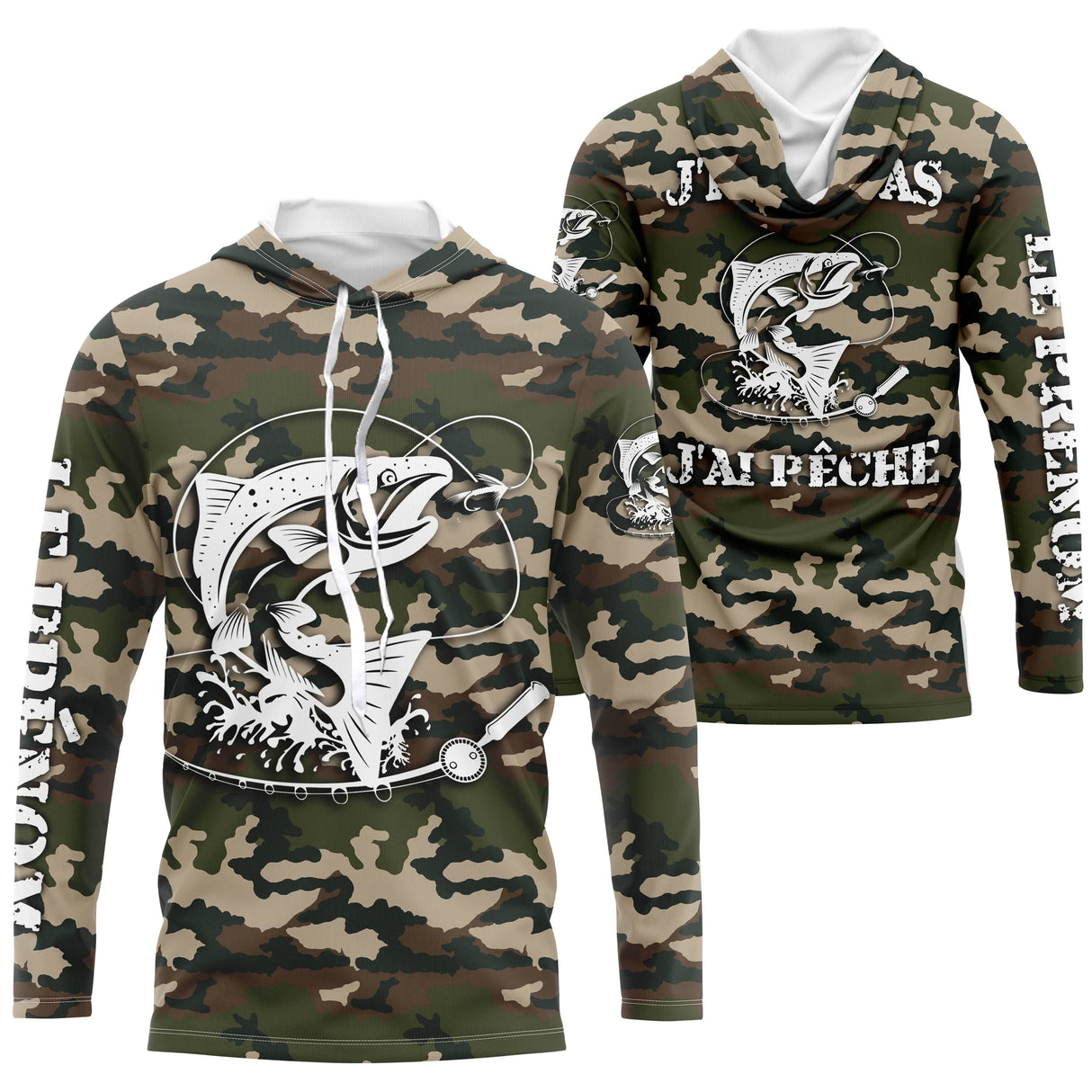 Sweat UV pêche saumon all-over camouflage forêt motif saumon noir encré humour Loin des Cons prénom personnalisé