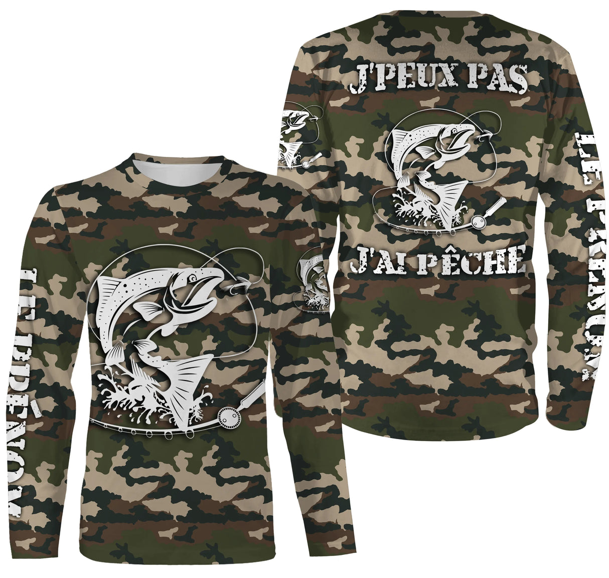 Maillot UV manches longues pêche saumon all-over camouflage motif saumon humour cons prénom personnalisé moucheur
