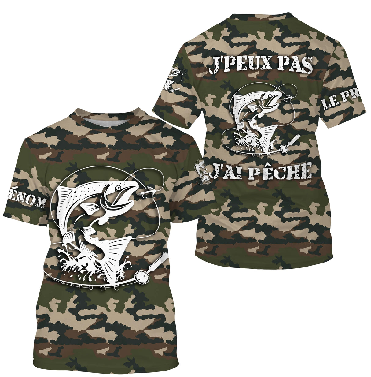 T-shirt UV pêche saumon all-over camouflage forêt motif saumon humour Loin des Cons prénom personnalisé pêcheur