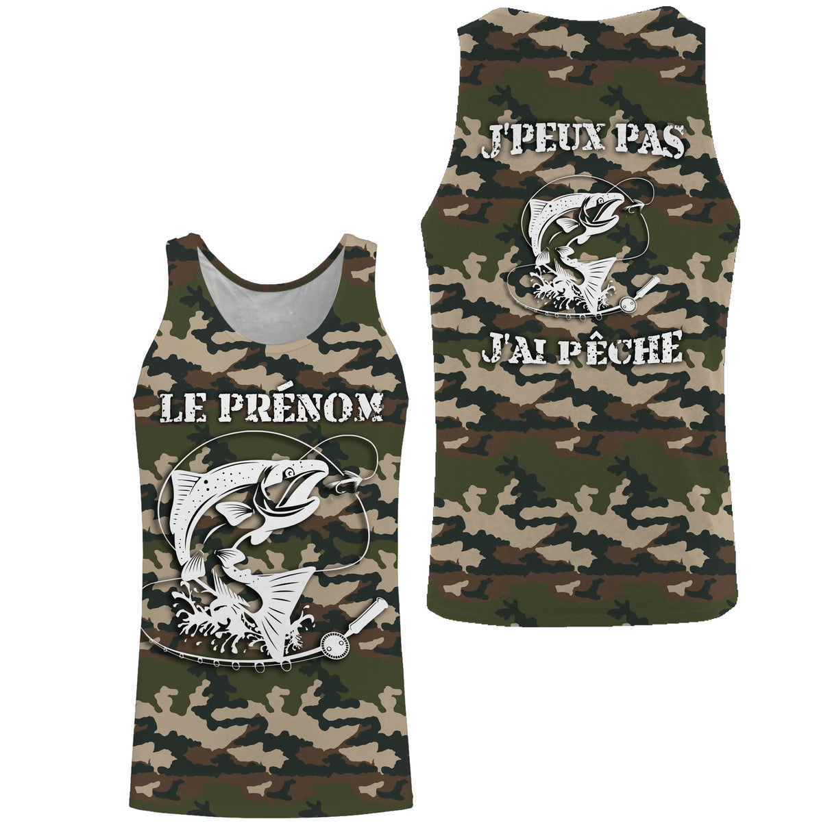 Sweat UV pêche saumon all-over camouflage forêt motif saumon humour Loin des Cons pêcheur prénom personnalisé