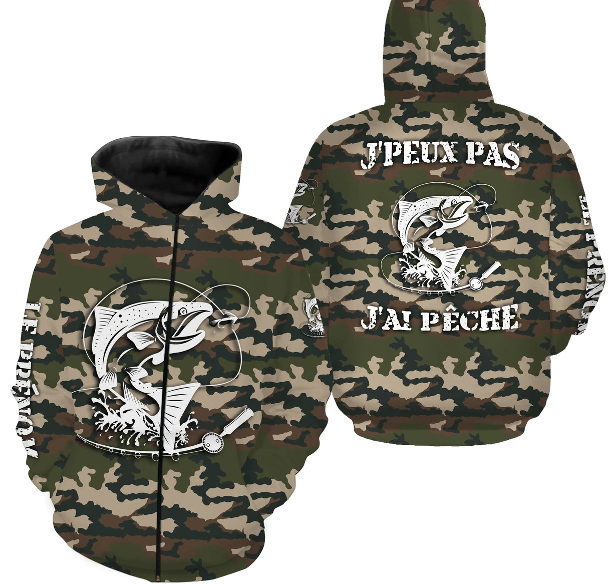 Sweat zippé pêche saumon UV all-over camouflage motif saumon humour cons prénom personnalisé moucheur gave