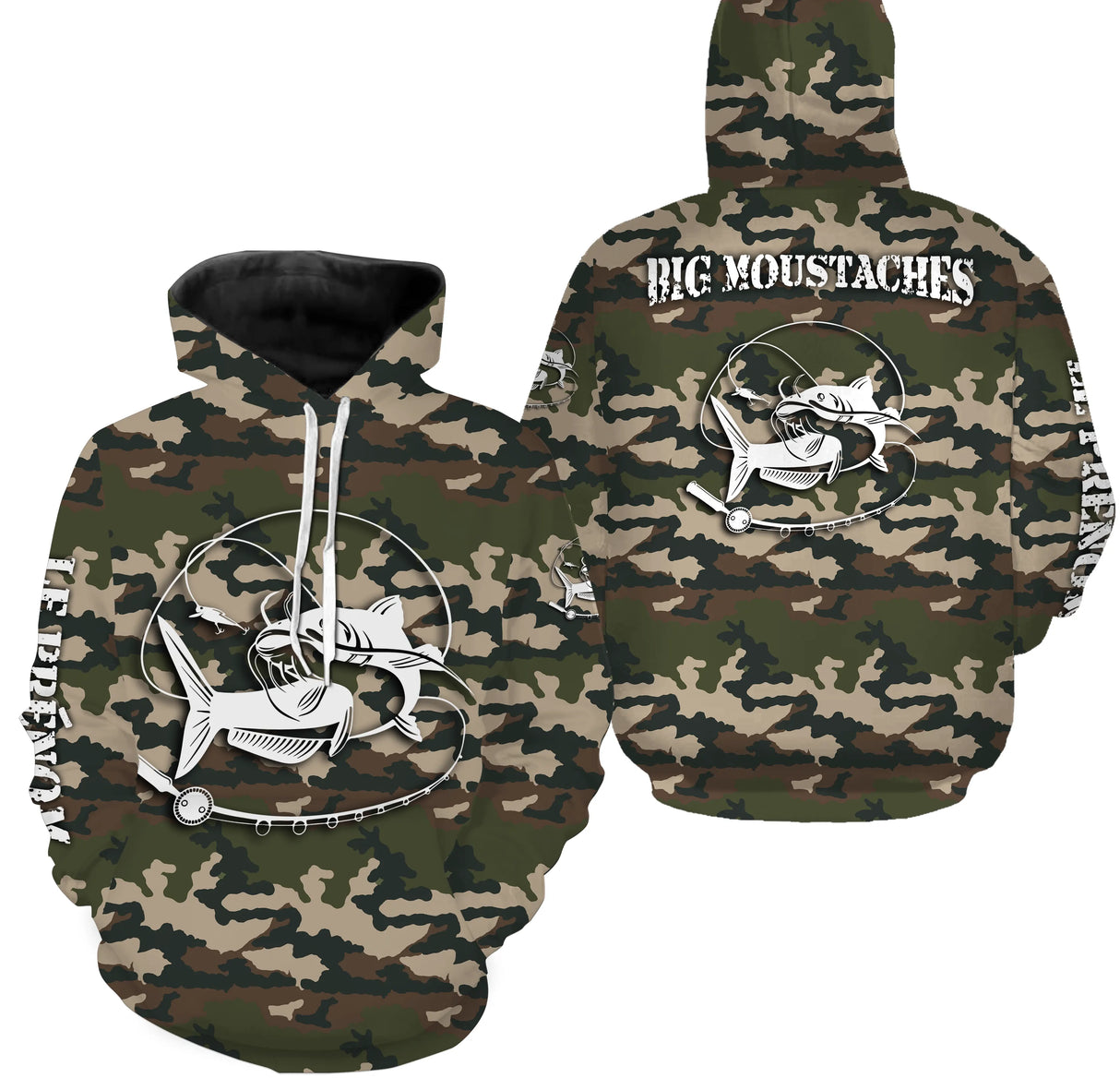Hoodie pêche silure UV all-over camouflage forêt motif silure noir encré humour pêcheur prénom personnalisé