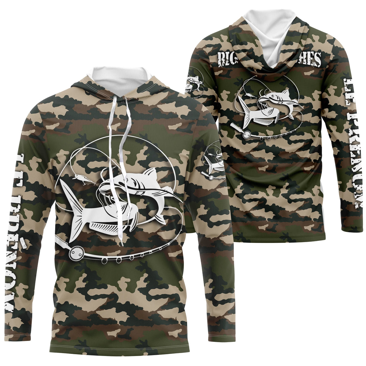 Sweat UV pêche silure all-over camouflage forêt motif silure noir encré humour Big Moustaches prénom personnalisé