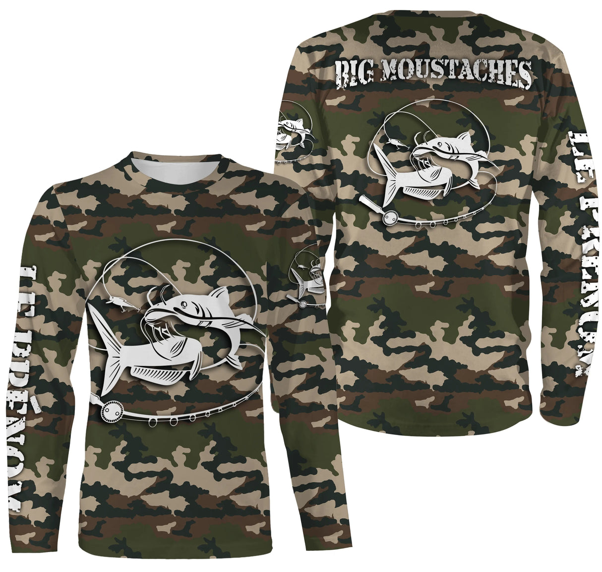 T-shirt UV pêche silure all-over camouflage forêt motif silure humour Big Moustaches prénom personnalisé pêcheur