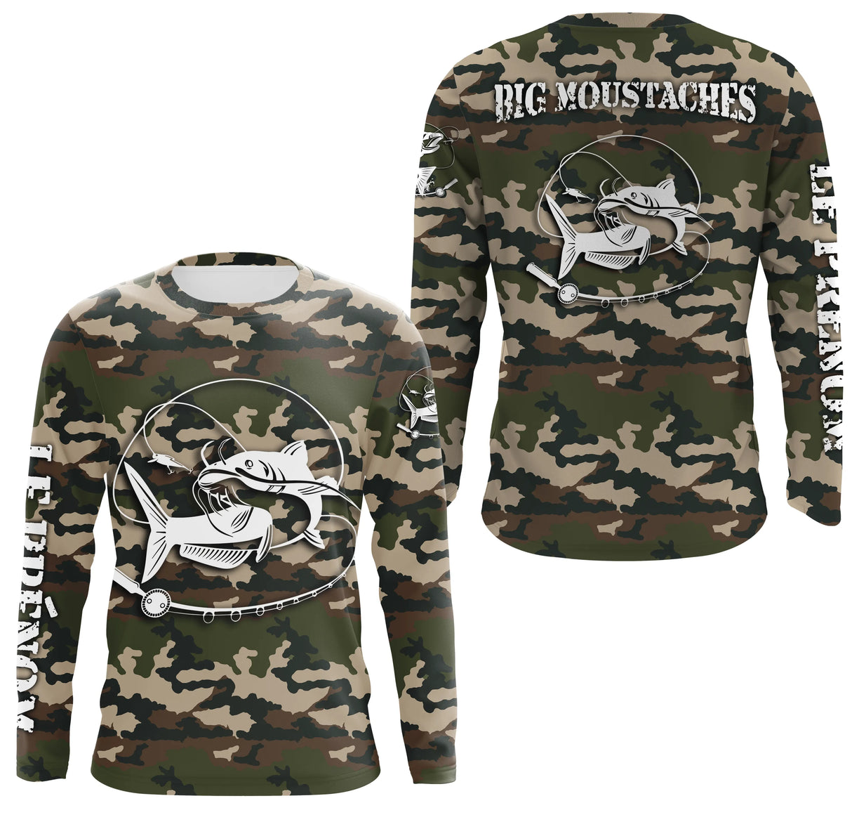 Sweat capuche pêche silure UV all-over camouflage forêt motif silure humour Big Moustaches prénom personnalisé