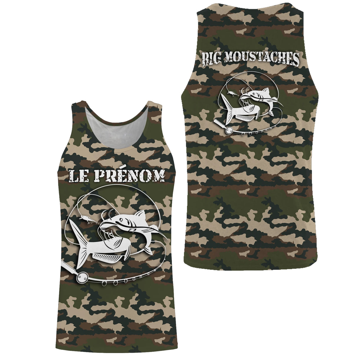 Sweat UV pêche silure all-over camouflage forêt motif silure humour Big Moustaches catfish prénom personnalisé