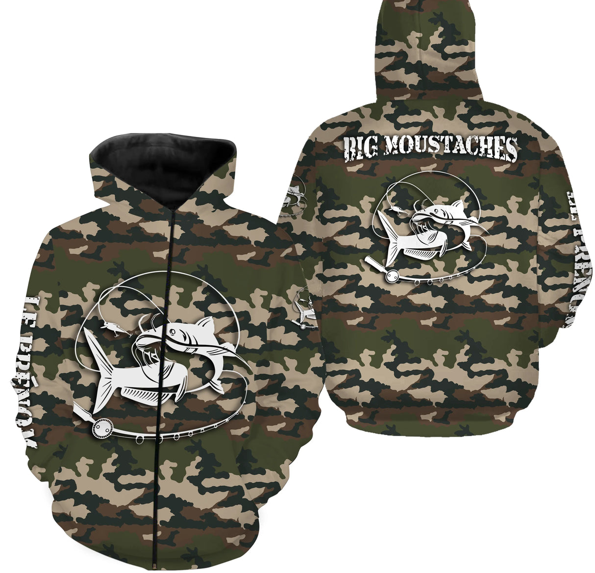 Sweat zippé pêche silure UV all-over camouflage motif silure humour Big Moustaches prénom personnalisé clonk