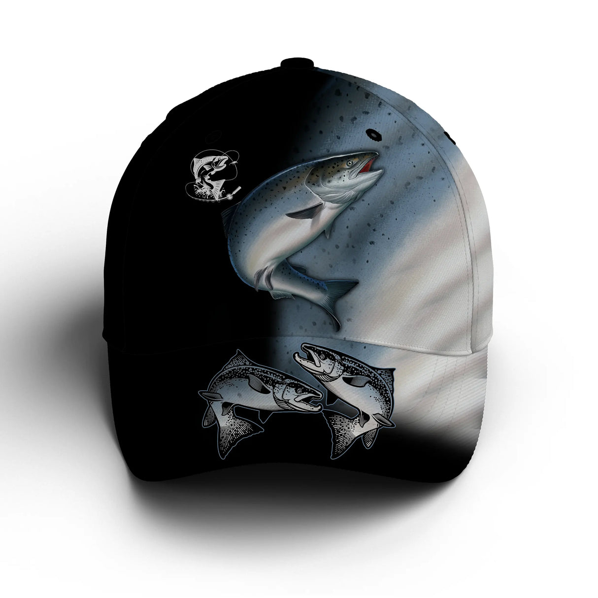 Casquette saumon all-over peau réaliste argent gris perle traqueur salmonidé fleuve unisexe
