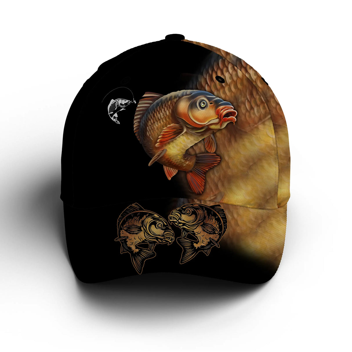 Casquette carpe all-over peau réaliste écailles dorées miroir traqueur étang prénom unisexe