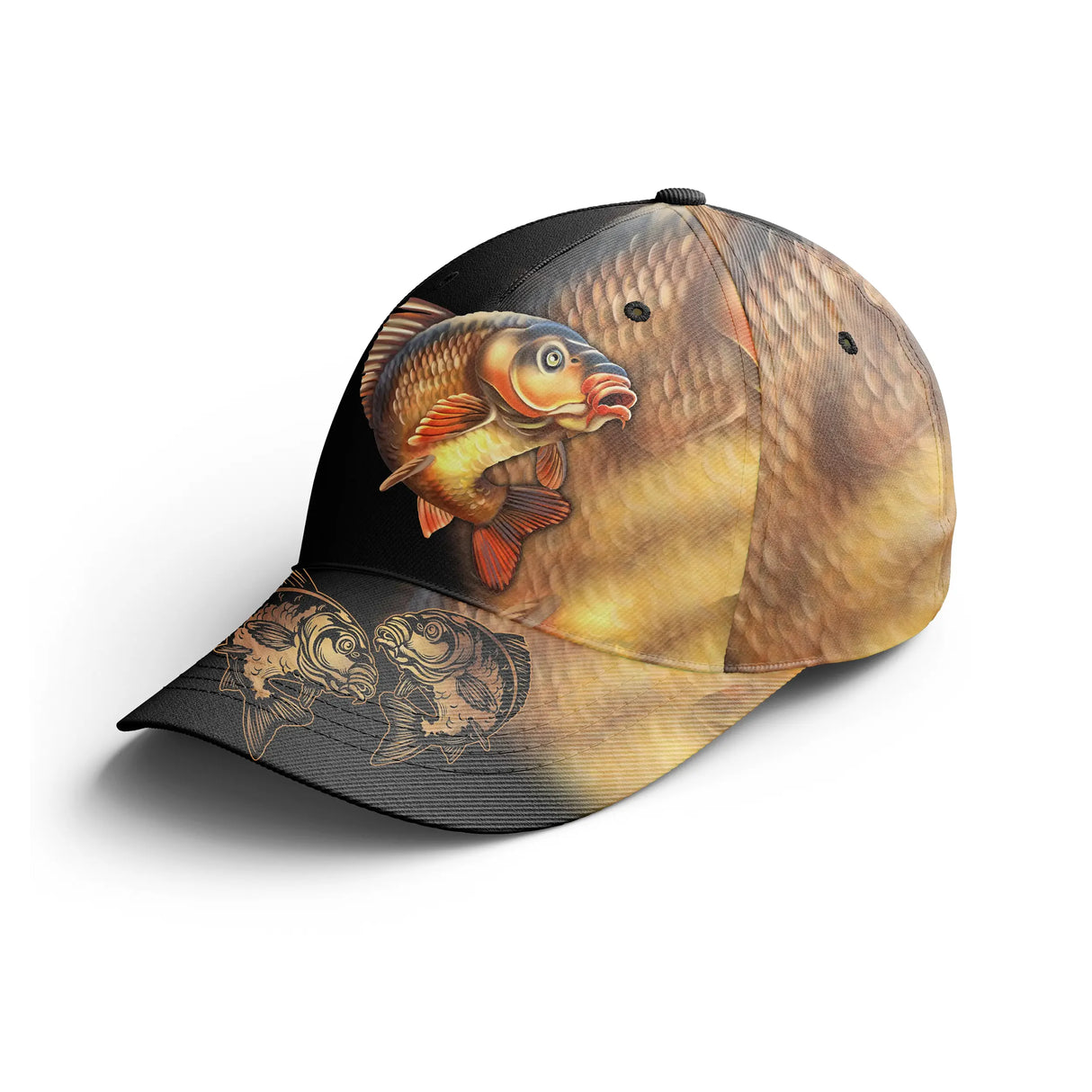 Casquette pêche carpe all-over peau réaliste écailles dorées carpiste eau douce prénom personnalisée