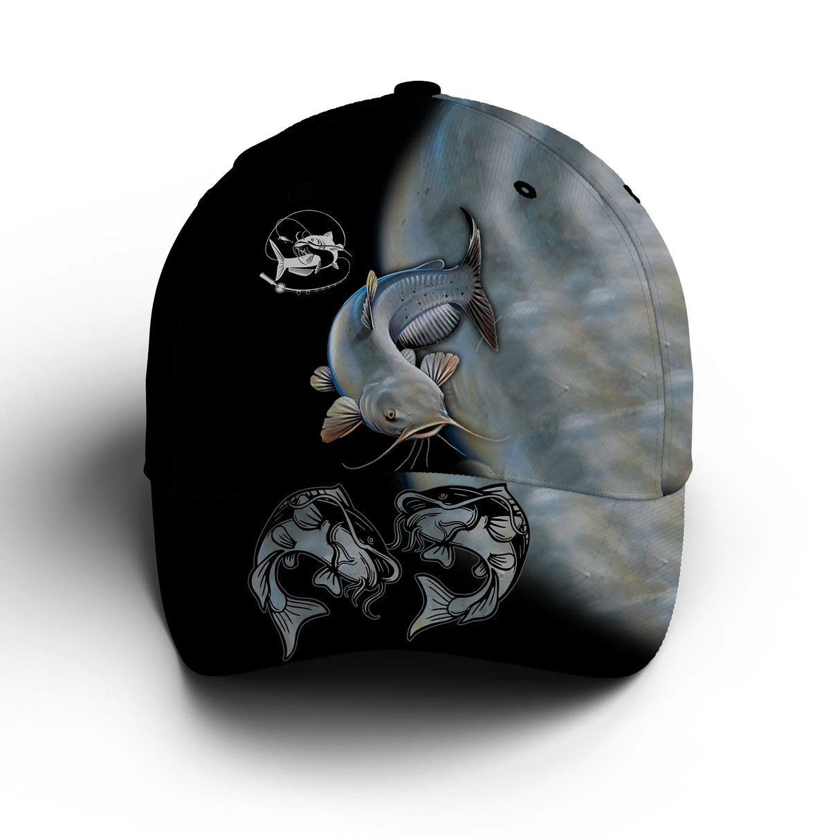 Casquette silure all-over peau réaliste gris perle anthracite traqueur carnassier rivière unisexe