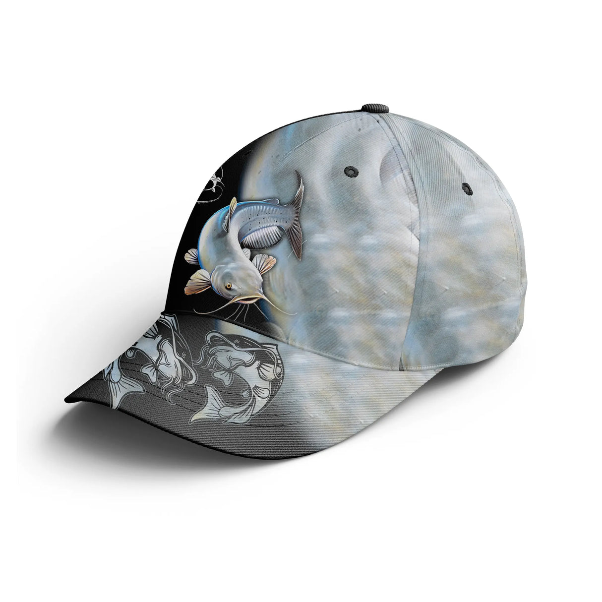 Casquette pêche silure all-over peau réaliste grise marbrée silure géant pêcheur fleuve unisexe