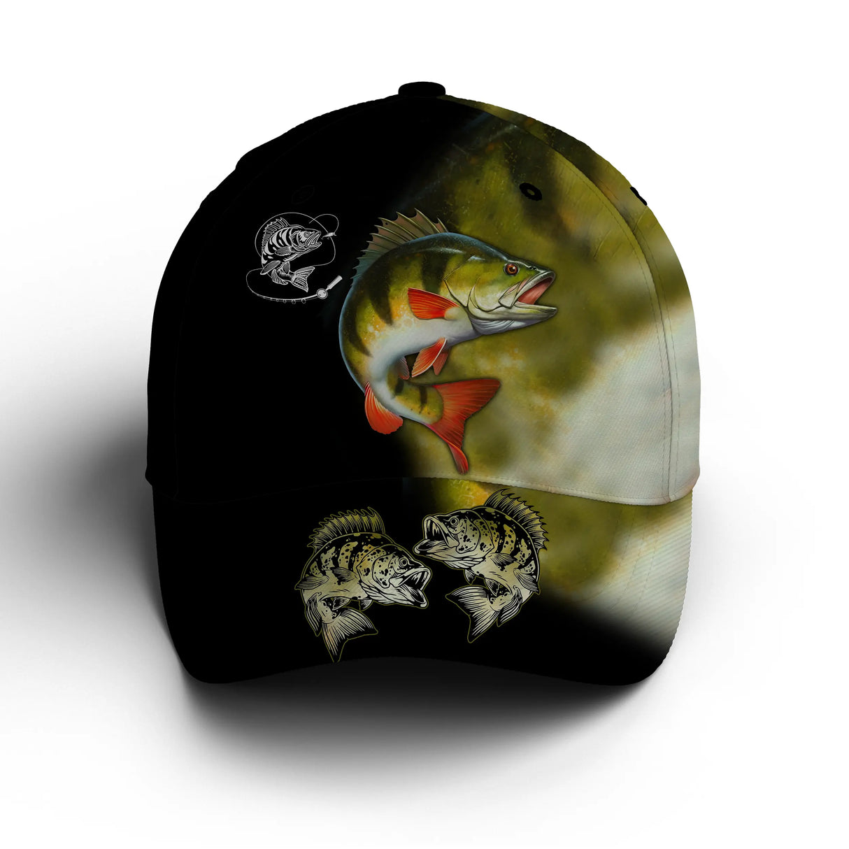 Casquette perche all-over peau réaliste vert jaune nageoires rouges traqueur étang unisexe