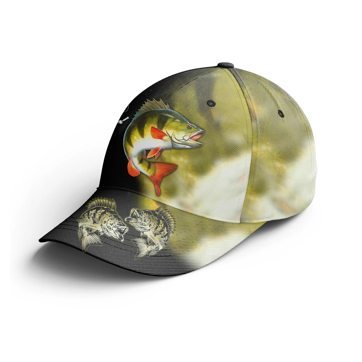 Casquette pêche perche all-over peau réaliste verte rayée perche commune pêcheur eau douce unisexe