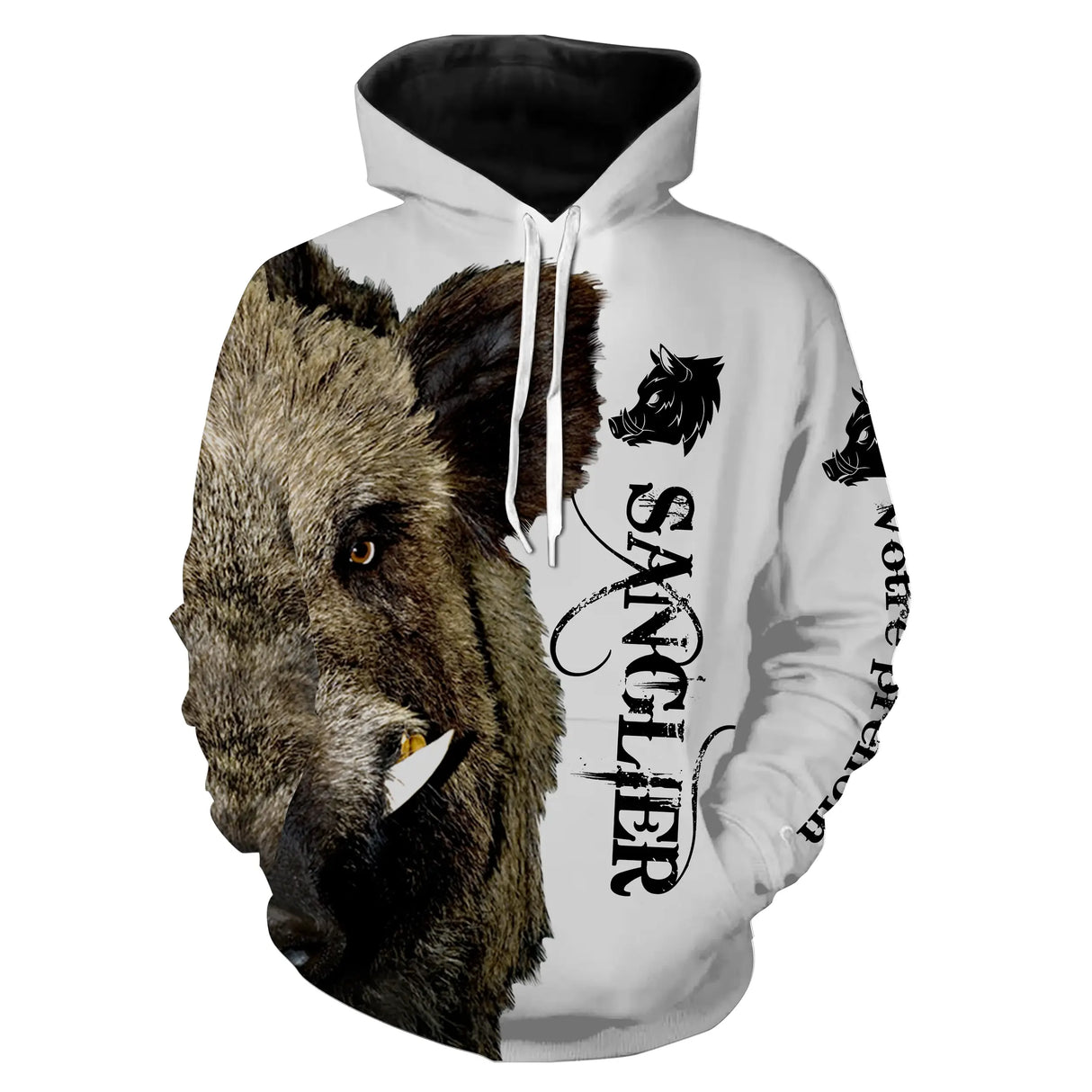 Hoodie chasse sanglier blanc et brun avec impression all-over de hure de sanglier