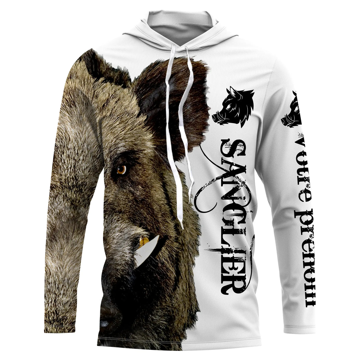 Hoodie capuche anti-UV chasse sanglier blanc et brun hure réaliste coupe unisexe sous-bois