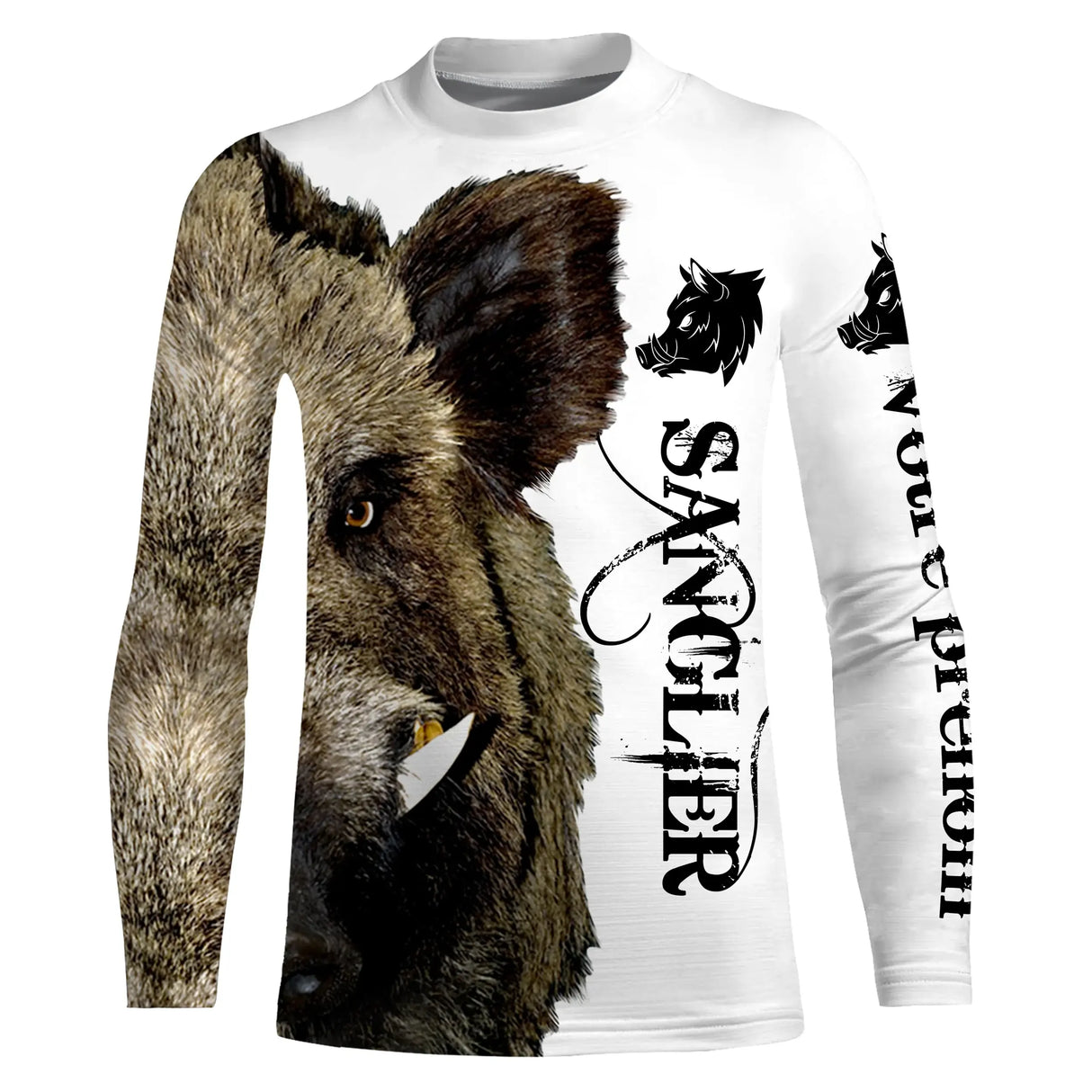 Manches longues enfant all-over chasse sanglier blanc et brun avec hure réaliste apprentissage