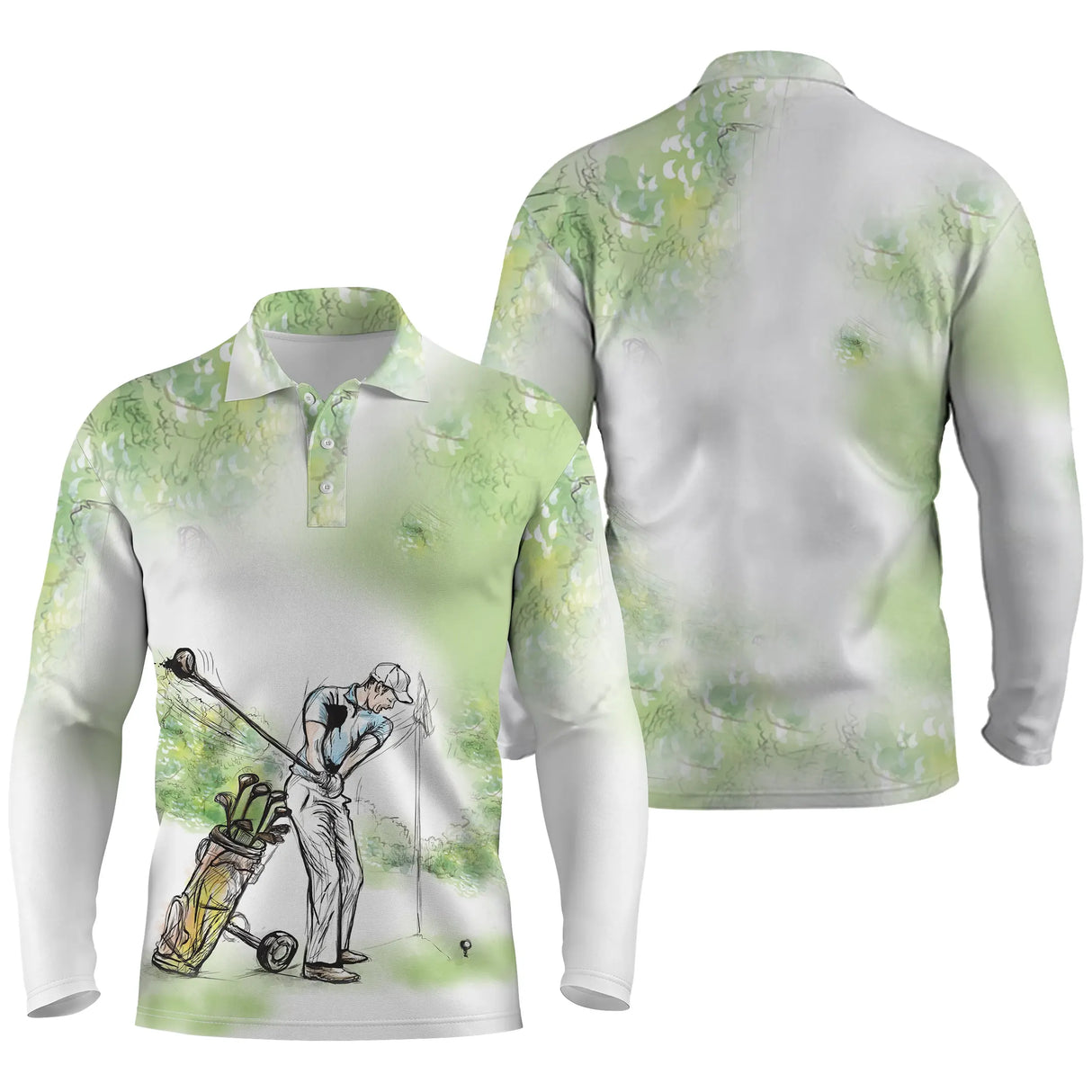 Polo de golf manches longues unisexe vert nature aquarelle golfeur sac de clubs pour parcours frais