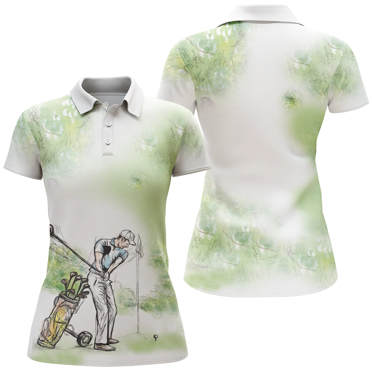 Polo de golf femme vert nature aquarelle silhouette golfeuse et sac de clubs coupe ajustée féminine