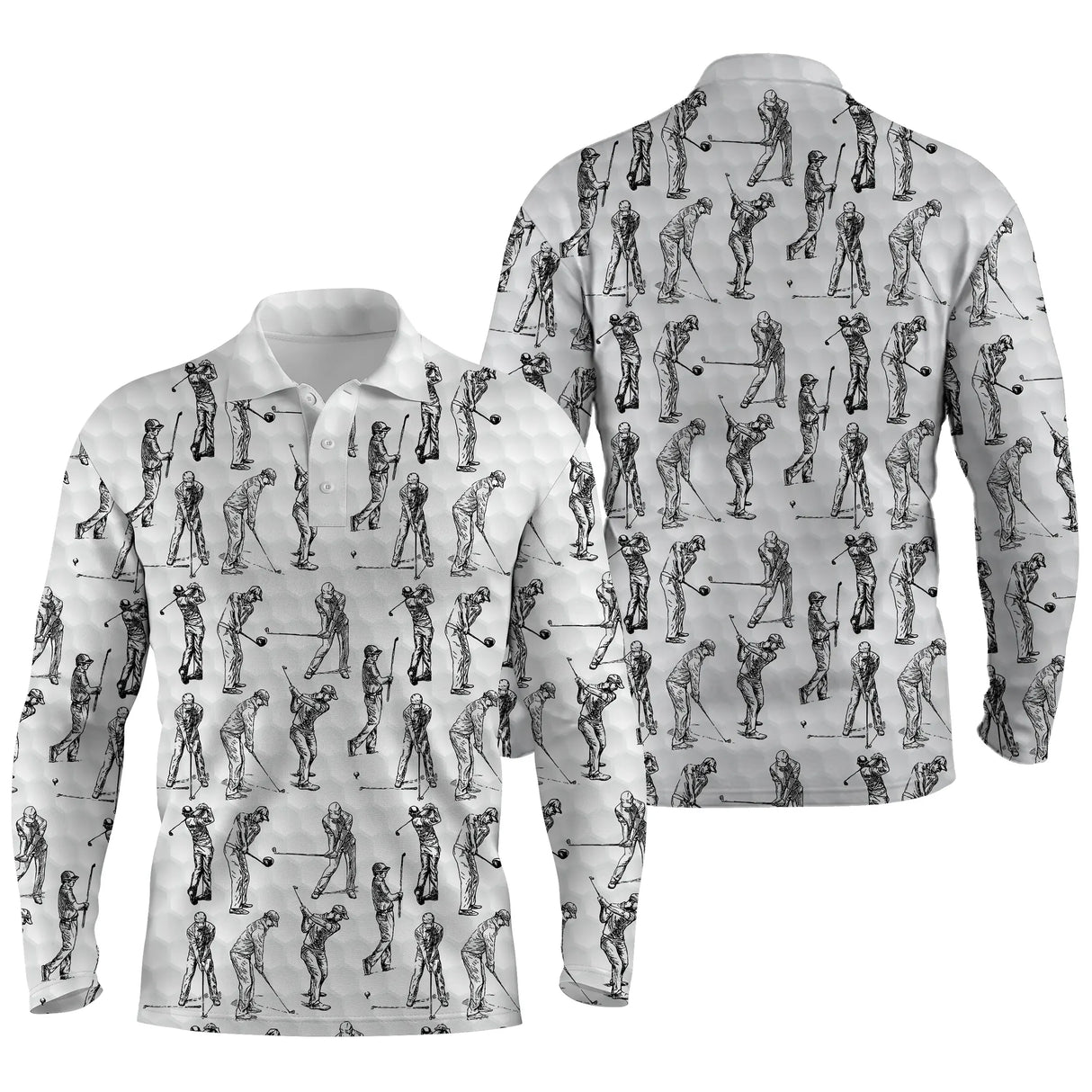 Polo de golf manches longues unisexe blanc silhouettes golfeurs all-over parcours frais