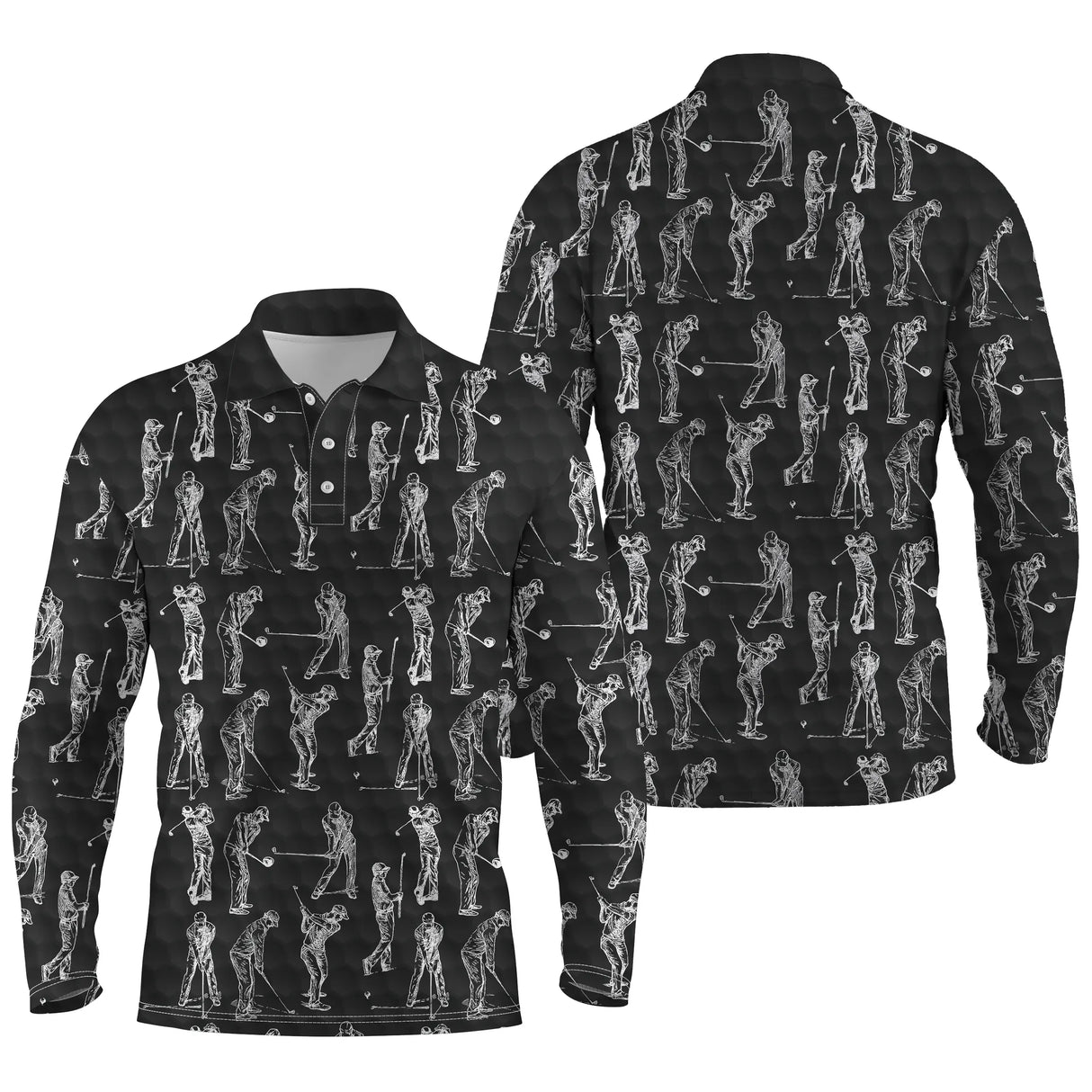 Polo de golf manches longues unisexe noir silhouettes golfeurs blanches all-over hiver