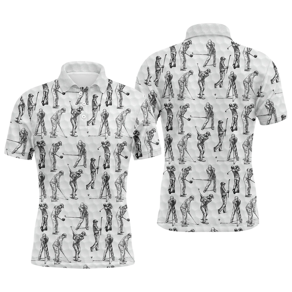 Polo de golf personnalisé homme blanc avec silhouettes de golfeurs noires en swing all-over