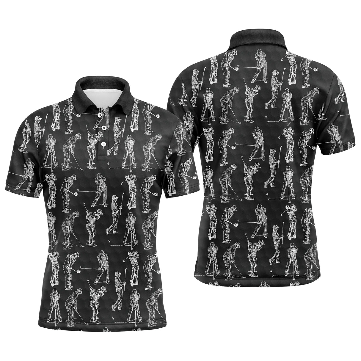 Polo de golf homme noir avec silhouettes de golfeurs blanches en swing all-over coupe ajustée