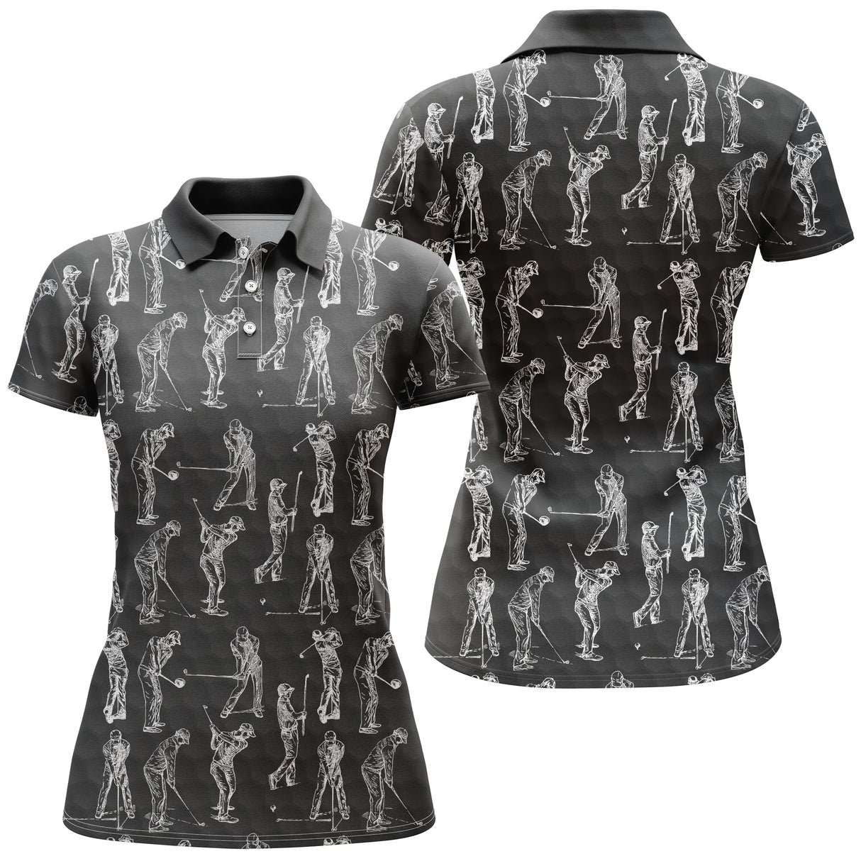 Polo de golf femme noir avec silhouettes blanches de golfeuses en swing all-over coupe cintrée