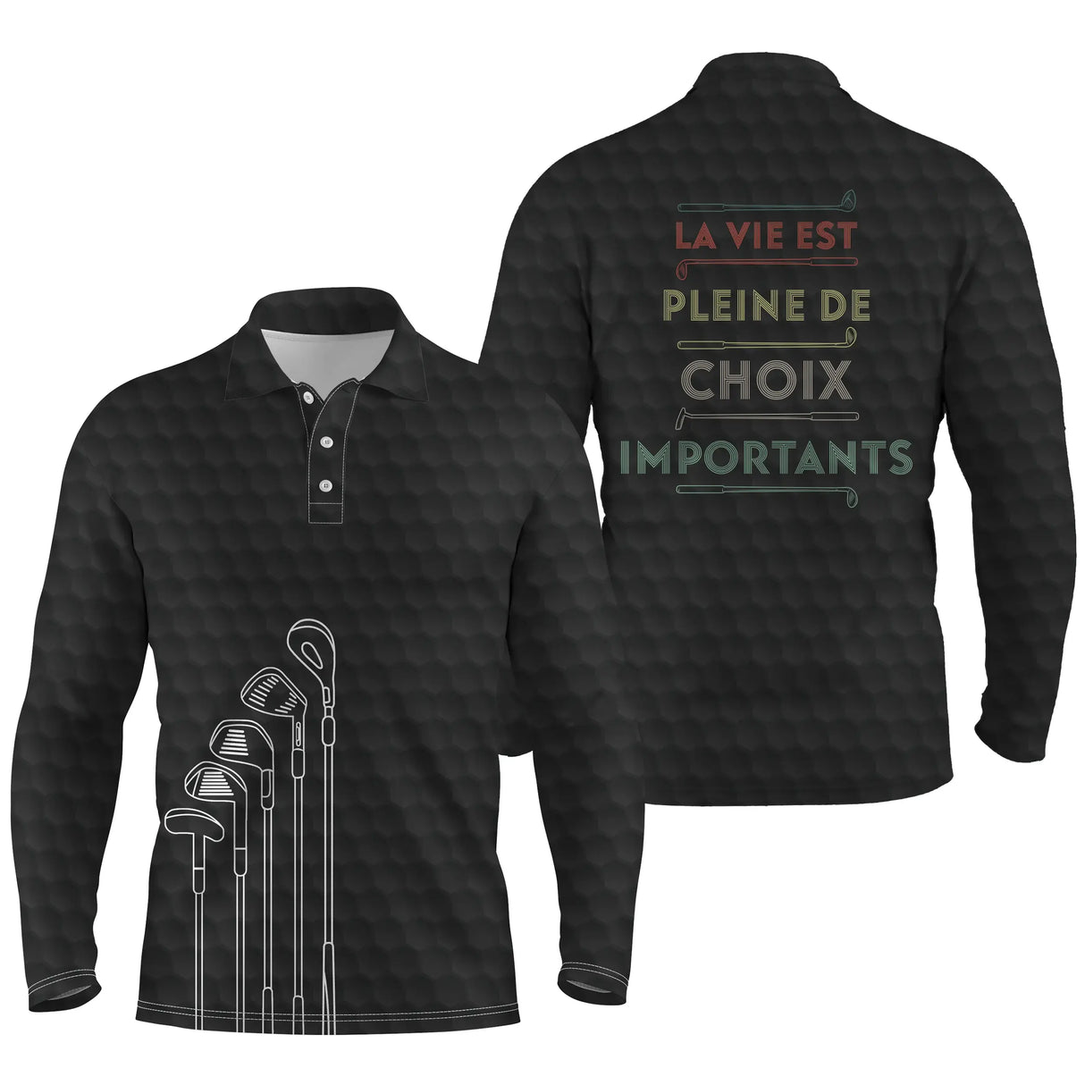 Polo de golf manches longues unisexe noir vintage sac de clubs lettrage rétro pour parcours frais