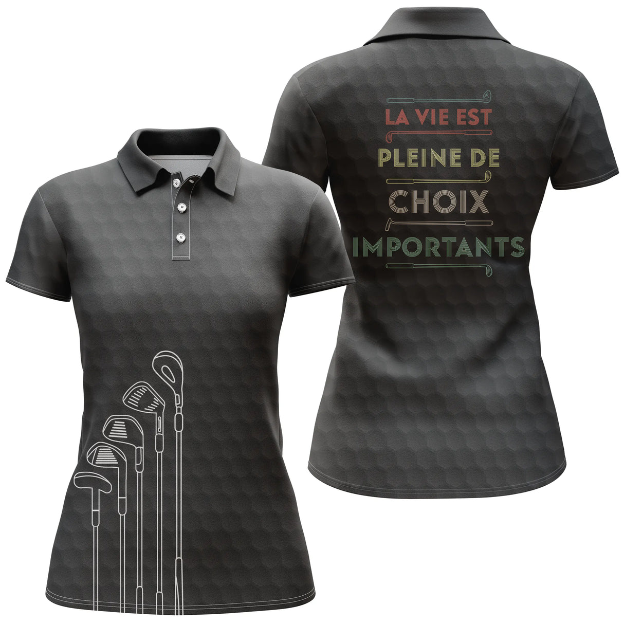 Polo de golf femme noir vintage avec sac de clubs et lettrage rétro coupe ajustée féminine