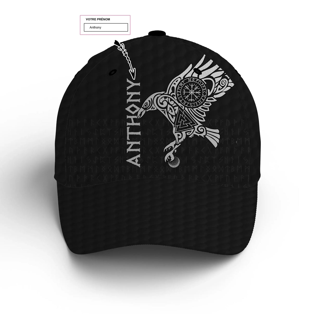Casquette golf noire art tatouage viking corbeau blanc prénom unisexe personnalisée