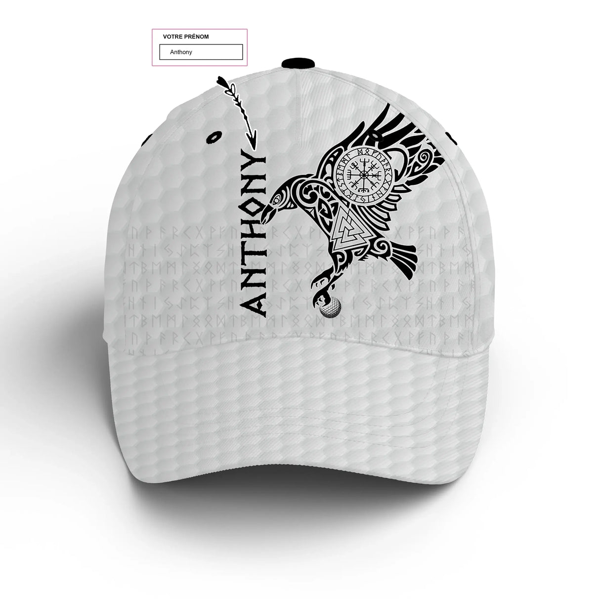 Casquette golf noire tatouage viking corbeau prénom côté broderie unisexe personnalisée