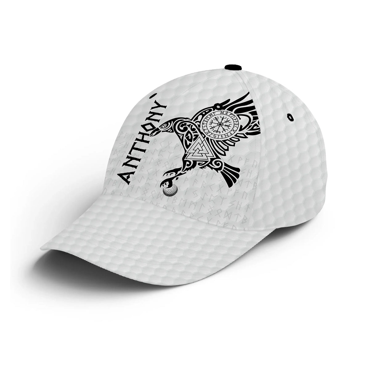 Casquette golf blanche tatouage viking corbeau prénom Anthony côté broderie unisexe personnalisée