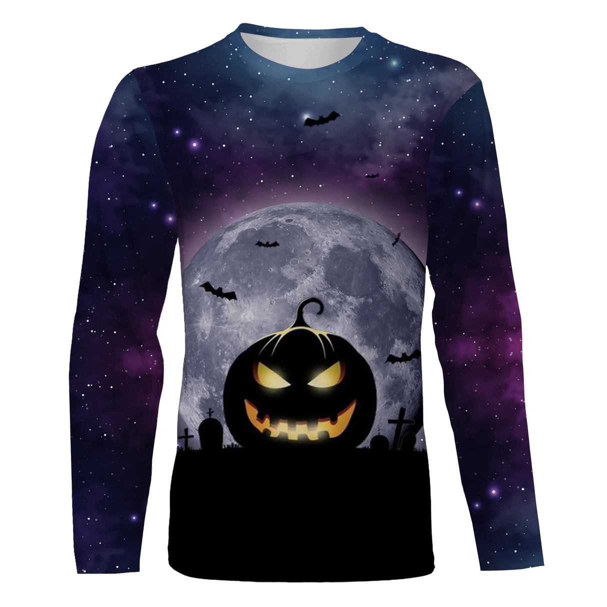 T-shirt Halloween citrouille vue de face design cinématographique violet et orange, coupe unisexe all-over