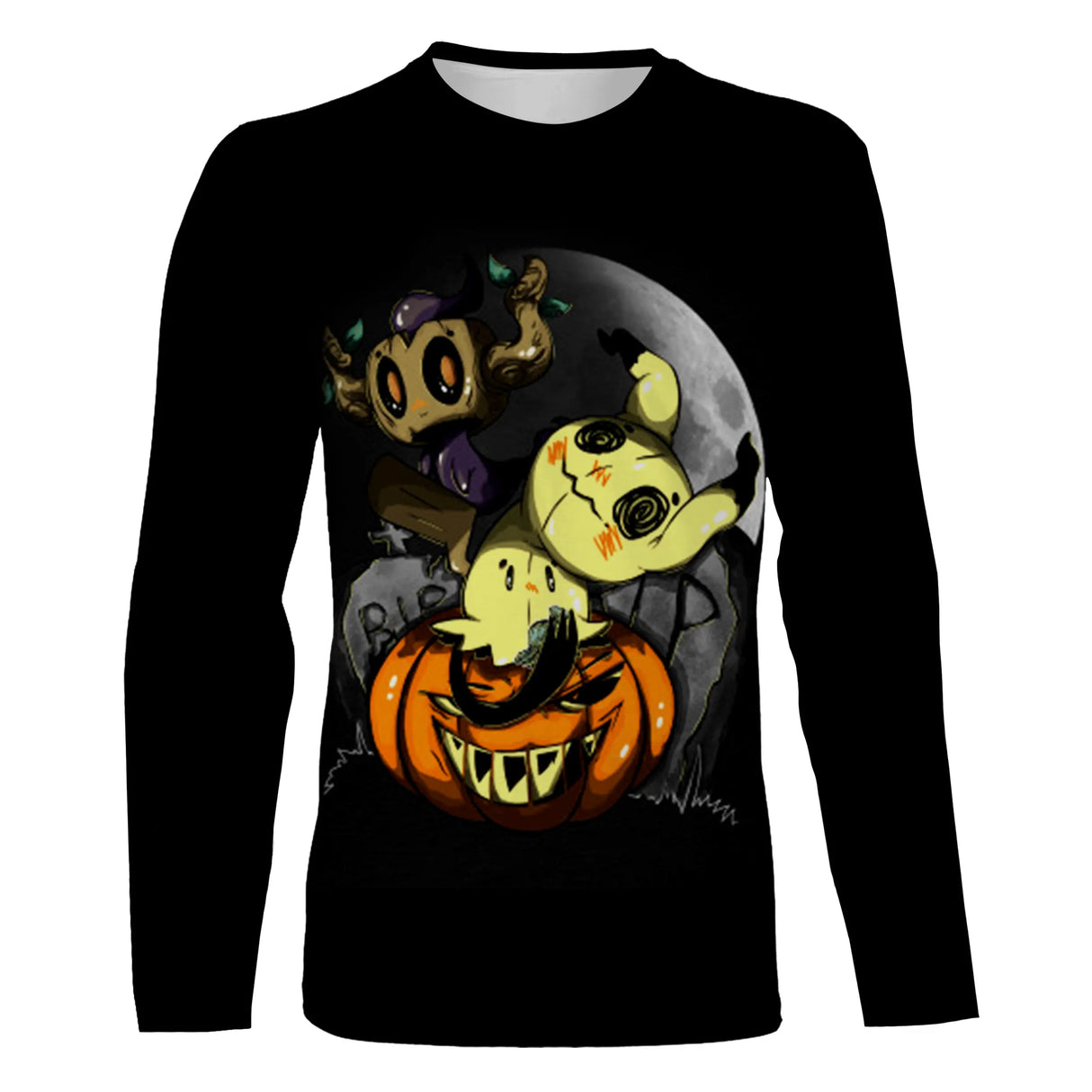 T-shirt Halloween créatures citrouille vue de face design fantastique noir et orange, coupe unisexe all-over