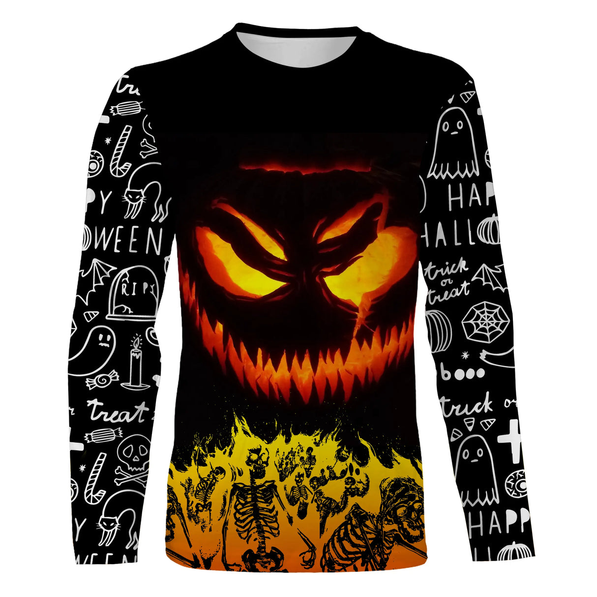 T-shirt Halloween citrouille flammes vue de face design dramatique noir et orange, coupe unisexe all-over