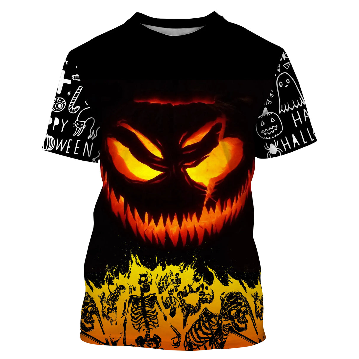 T-shirt Halloween all-over avec citrouille jack-o-lantern aux yeux brûlants entourée de flammes oranges et squelettes