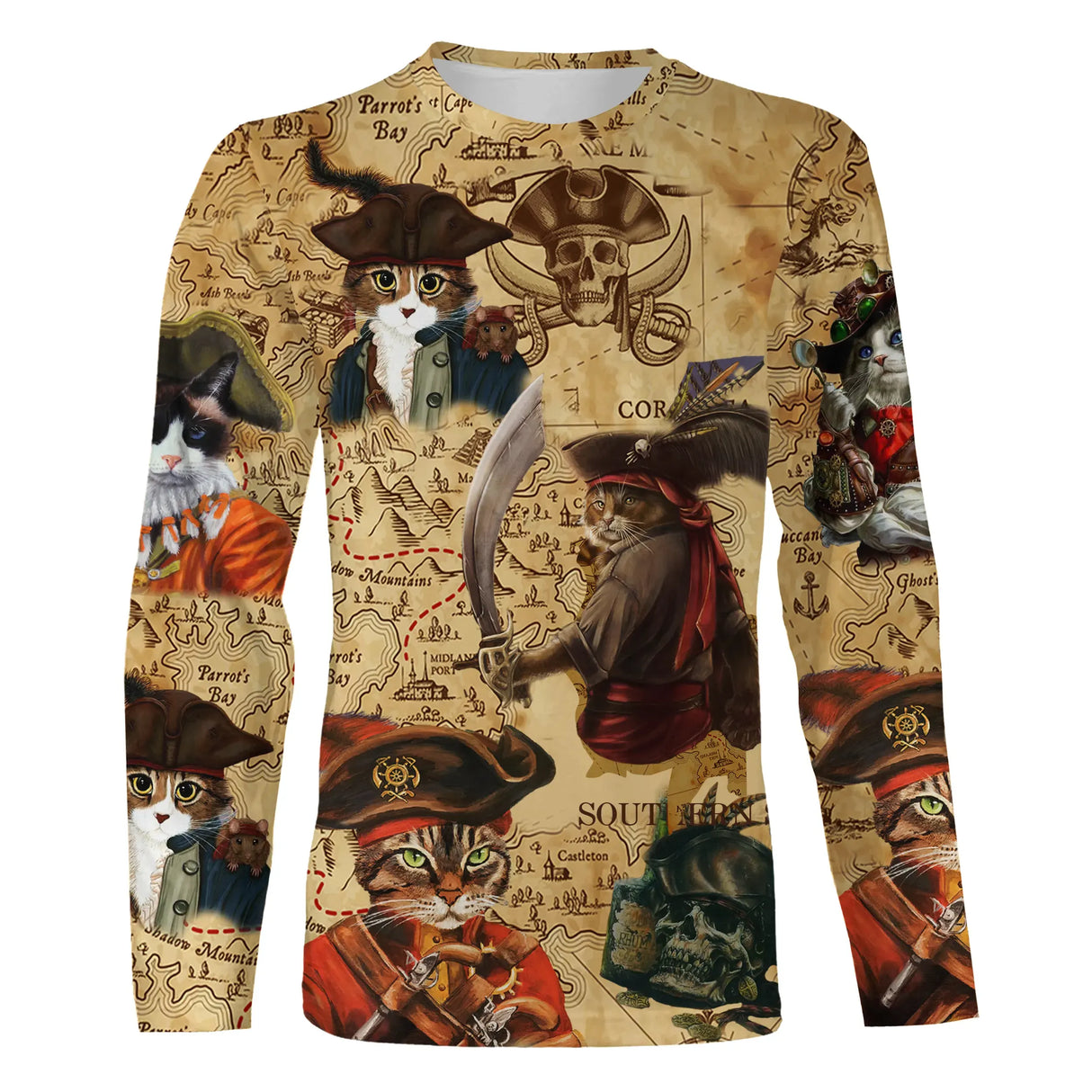 T-shirt chat pirate carte aux trésors drôle, illustrations chats au sabre sur fond carte antique