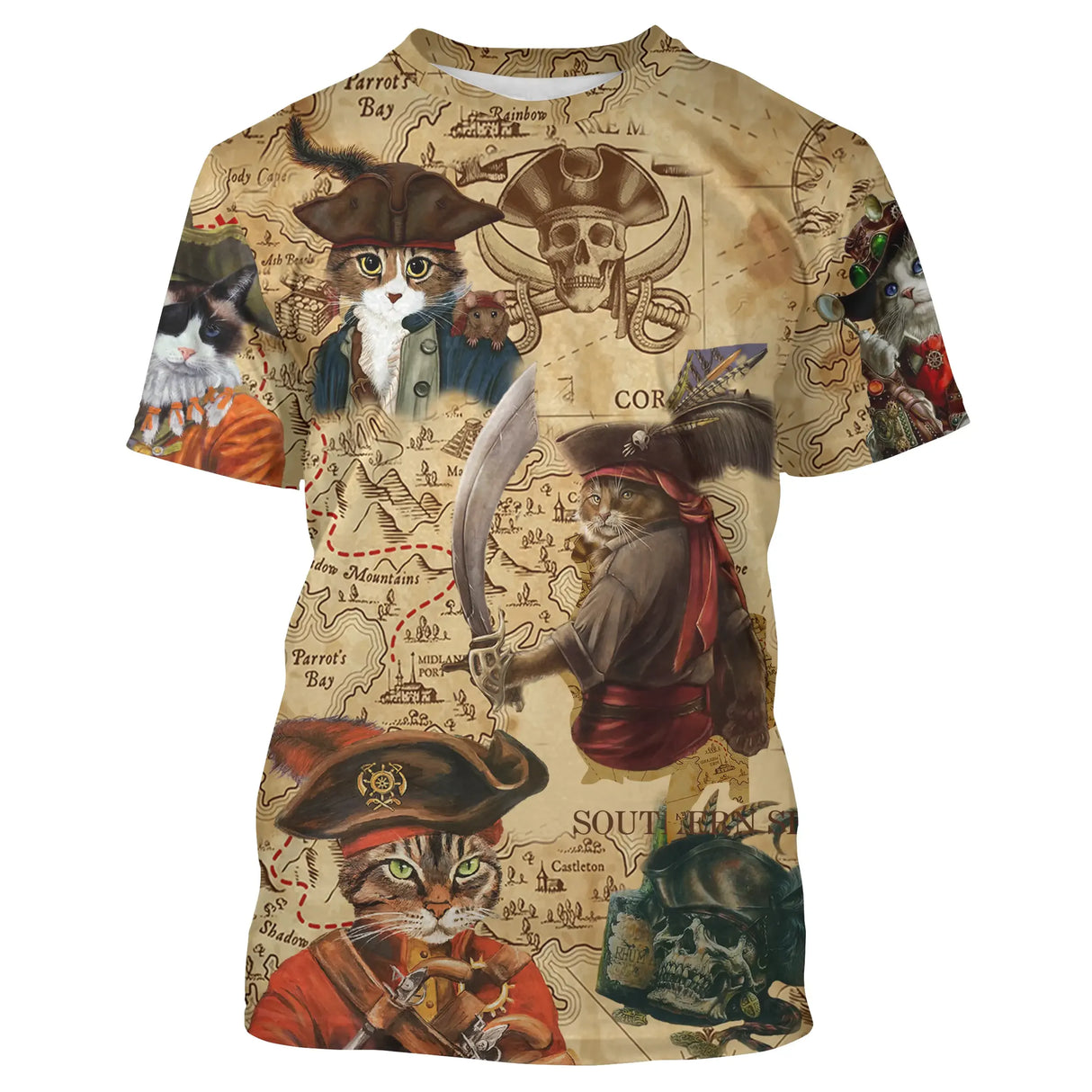 T-shirt chat pirate beige vintage avec capitaines félins au sabre et carte aux trésors all-over
