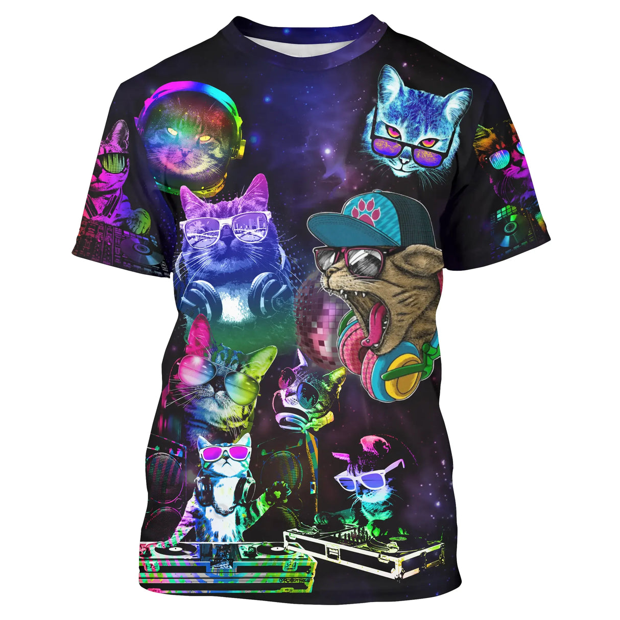 T-shirt chat DJ violet néon rose fluo avec chats aux platines et scène de club all-over